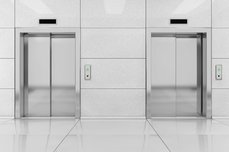 Two Modern Elevator or Lift with Metal Doors in Office Building extreme closeup. 3d Renderingの写真素材