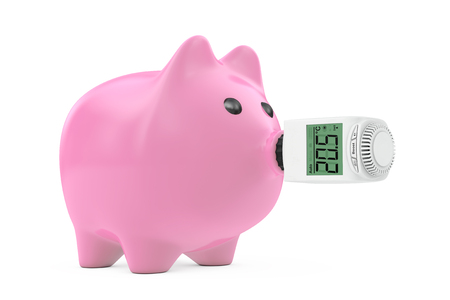 Digital Wireless Radiator Thermostatic Valve as Piggy Bank Nose on a white background. 3d Rendering の写真素材