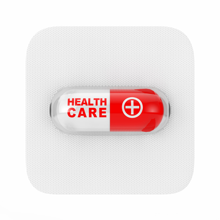 Medical Drug Capsule Pill with Health Care Sign in Blister on a white background. 3d Rendering の写真素材
