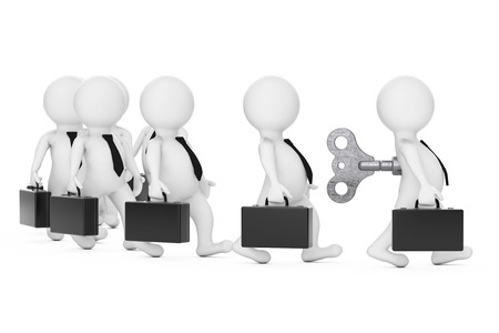 Row of 3d Businessman Persons with Leader in front with Old Metal Windup Key in His Back on a white background. 3d Rendering の写真素材