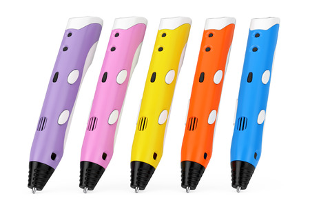 Technology Concept. Colored 3d Printing Pens on a white background. 3d Rendering 