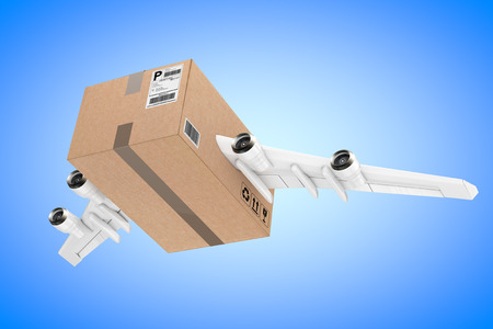 Airmail Shipping Concept. Cardboard Box Parcel with Jet Engines and Airplane Wings on a blue background. 3d Rendering の写真素材