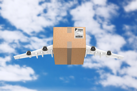 Airmail Shipping Concept. Cardboard Box Parcel with Jet Engines and Airplane Wings on a blue sky background. 3d Rendering の写真素材