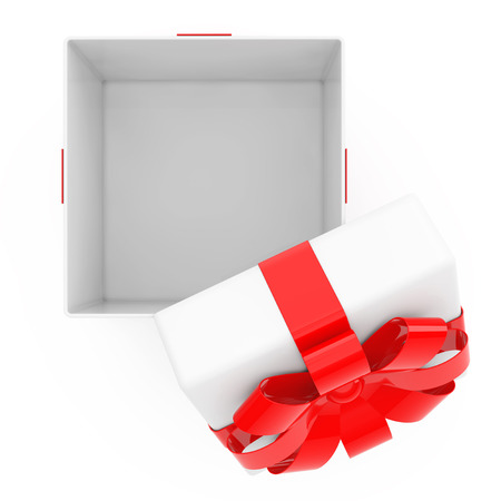 Opened White Gift Box with Red Ribbon Top View on a white background. 3d Rendering 