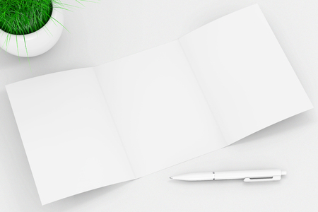 White Folded Mockup Brochure Paper near Pen and Grass in White Ceramics Planter on a white background. 3d Rendering の写真素材