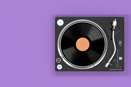 Professional DJ Turntable Vinyl Record Player on a purple background. 3d Rendering