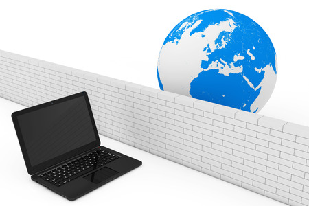 Firewall Concept. Laptop Security by Firewall in Global Network on a white background. 3d Renderingの写真素材