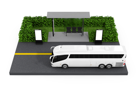 Big White Coach Tour Bus Near Bus Stop Station with Blank Billboards on a white background. 3d Renderingの写真素材