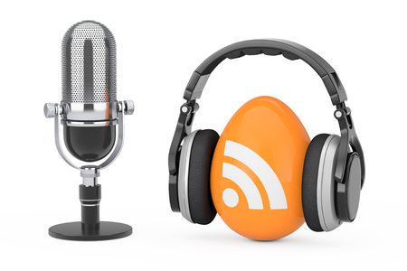 Microphone with Headphones over RSS Podcast Logo Icon on a white background. 3d Renderingの写真素材