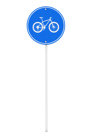 Blue Round Bicycle Lane Sign on a white background. 3d Renderingの写真素材