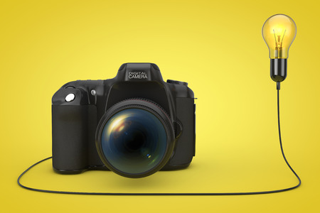 Modern Digital Photo Camera Connected to Creative Idea Light Bulb on a yellow background. 3d...