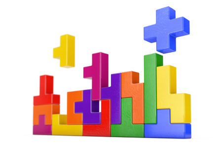 Logical Thinking Concept. Different Colorful Shapes Wooden Blocks on a white background. 3d Renderingの写真素材