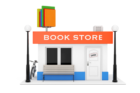 Toy Cartoon Book Shop or Book Store Building Facade on a white background. 3d Renderingの写真素材