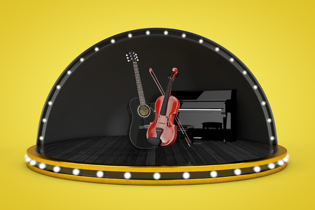 Stage Scene with Lights and Piano, Black Wooden Acoustic Guitar and Classical Wooden Violin with Bow on a yellow background. 3d Renderingの写真素材