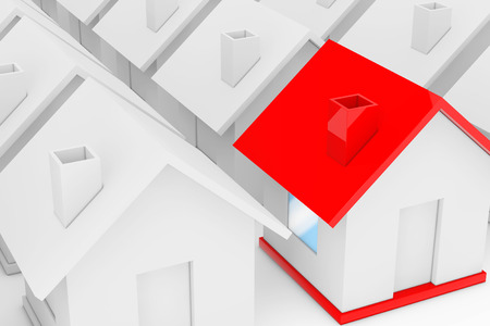 Real Estate Property Industry Concept. Red house in among White Houses on a white background. 3d Renderingの写真素材