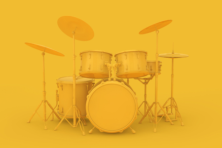 Abstract Yellow Clay Style Professional Rock Black Drum Kit on a yellow background. 3d Renderingの写真素材