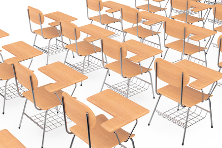 Rows of Wooden Lecture School or College Desk Tables with Chairs on a white background. 3d Renderingの写真素材