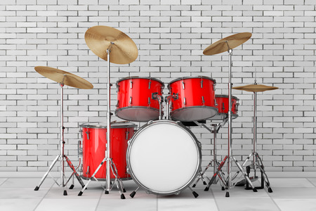 Professional Rock Red Drum Kit in front of brick wall. 3d Renderingの写真素材