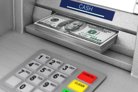 ATM Machine Withdrawing Dollar Banknotes extreme closeup. 3d Renderingの写真素材