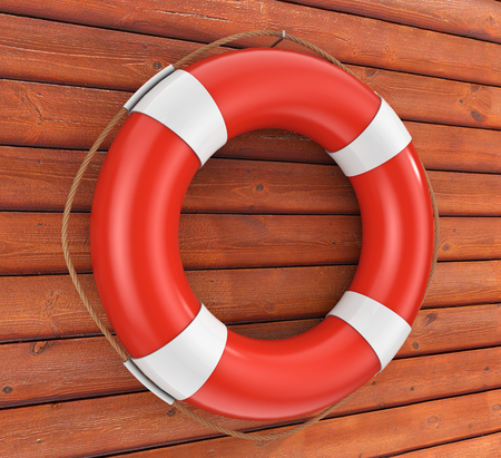Old Orange and White Lifebuoy on a wooden plank background. 3d Renderingの写真素材