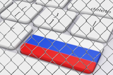 Key with Russian Flag on White PC Keyboard behind the Chain Link Fence extreme closeup. 3d Renderingの写真素材