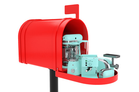 Kitchen Appliances Set in Red Mailbox on a white background. 3d Renderingの写真素材