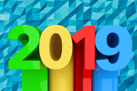 Abstract New 2019 Year Sign over blue lowpoly background. 3d Renderingの写真素材