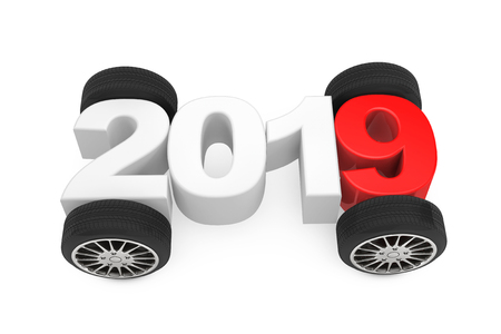 2019 Year Concept with Car Wheels on a white background. 3d Renderingの写真素材