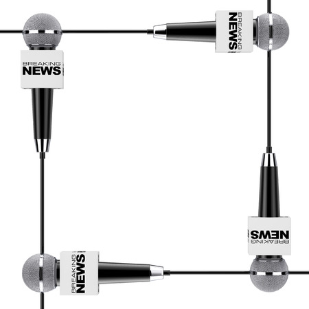 Microphones with Breaking News Sign Boxes as Frame with Blank Space for Your Design on a white background. 3d Renderingの写真素材