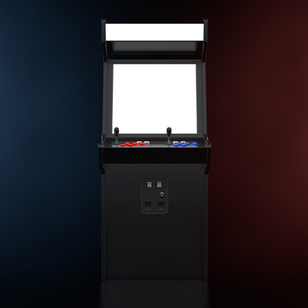 Gaming Arcade Machine with Blank Screen for Your Design in the Color Volumetric Light on a black background. 3d Renderingの写真素材