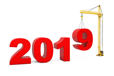Build the Future Concept. Tower Crane with 2019 Year Sign on a white background. 3d Renderingの写真素材