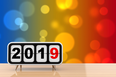 Retro Flip Clock with 2019 New Year Sign on a wooden table. 3d Renderingの写真素材
