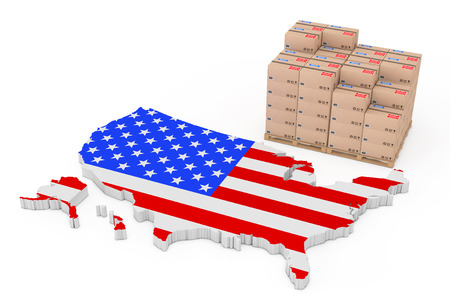 USA Logistics Concept. Cardboard Boxes on a Wooden Palette near USA Map with Flag on a white background. 3d Renderingの写真素材