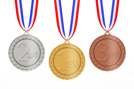 Set of Gold, Silver and Bronze Award Winners Medasl with Ribbons on a white background. 3d Renderingの写真素材