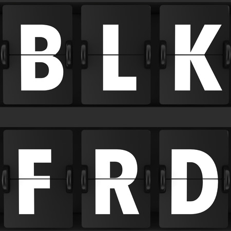 Airport Announcement Flip Mechanical Timetable with Black Friday Sign Extreme Closeup. 3d Renderingの写真素材