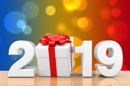 2019 New Year Sign with Gift Box and Red Ribbon on a wooden table. 3d Renderingの写真素材