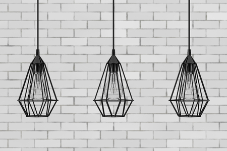 Vintage Lighting Decor Ceiling Lamps in front of brick wall. 3d Renderingの写真素材