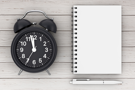 Black Alarm Clock with Pen and Blank Notepad for Your Design on a wooden table. 3d Renderingの写真素材