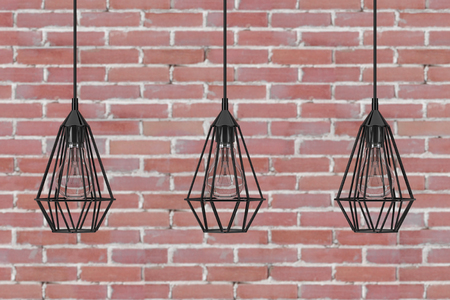 Vintage Lighting Decor Ceiling Lamps in front of brick wall. 3d Renderingの写真素材