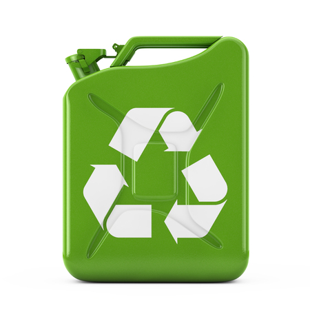 Eco Fuel Concept. Green Metal Jerrycan with Recycle Sign on a white background. 3d Renderingの写真素材