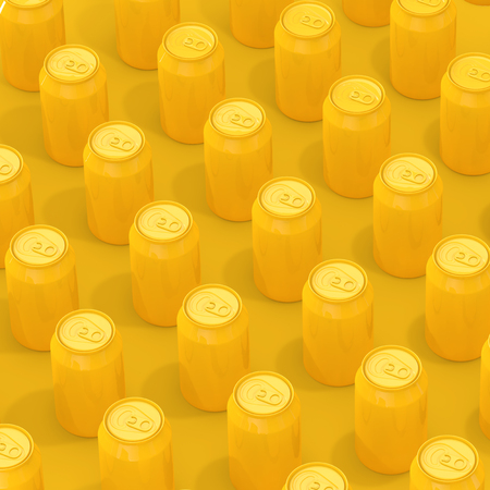 Rows of Yellow Isometric Blank Aluminum Drink Cans on a yellow background. 3d Renderingの写真素材