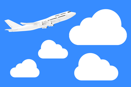 White Jet Passenger's Airplane in the Sky with Clouds on a blue background. 3d Renderingの写真素材