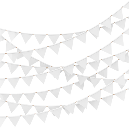 Party Background with White Bunting and Garlands Flags on a white background. 3d Renderingの写真素材