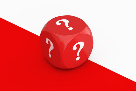 Red Dice Cube With Question Marks on a white and red background. 3d Renderingの写真素材