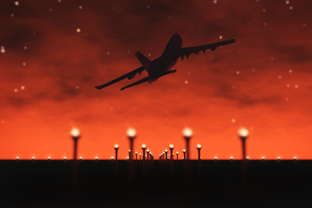 Passenger Airplane Fly Up over Take Off Runway from Airport on a night sky background. 3d Renderingの写真素材