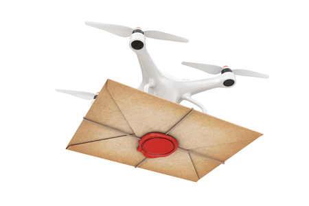 Air Drone Delivering Old Letter Envelope with Red Wax Seal on a white background. 3d Renderingの写真素材