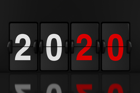 Mechanical Analog Flip Clock Board with 2020 New Year Sign extreme closeup. 3d Renderingの写真素材