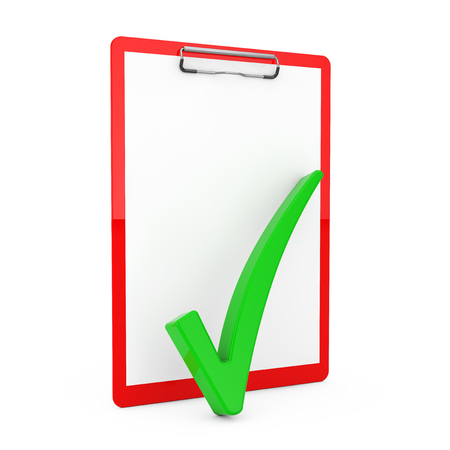 Green Check Mark over Red Clipboard with Blank Paper on a white background. 3d Renderingの写真素材