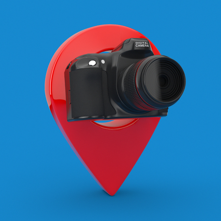 Abstract Modern Digital Photo Camera with Target Pin Pointer on a blue background. 3d Renderingの写真素材