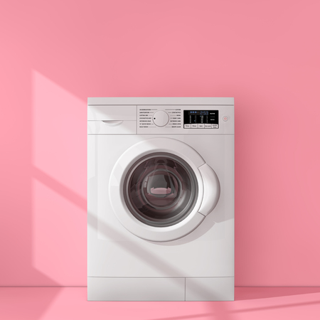 Modern White Washing Machine in Pink Room extreme closeup. 3d Rendering